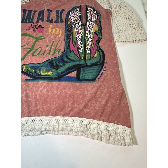 Southern Grace Walk By Faith Cowboy Boot Coral Pink Crochet Shirt Women's SMALL - Picture 11 of 13